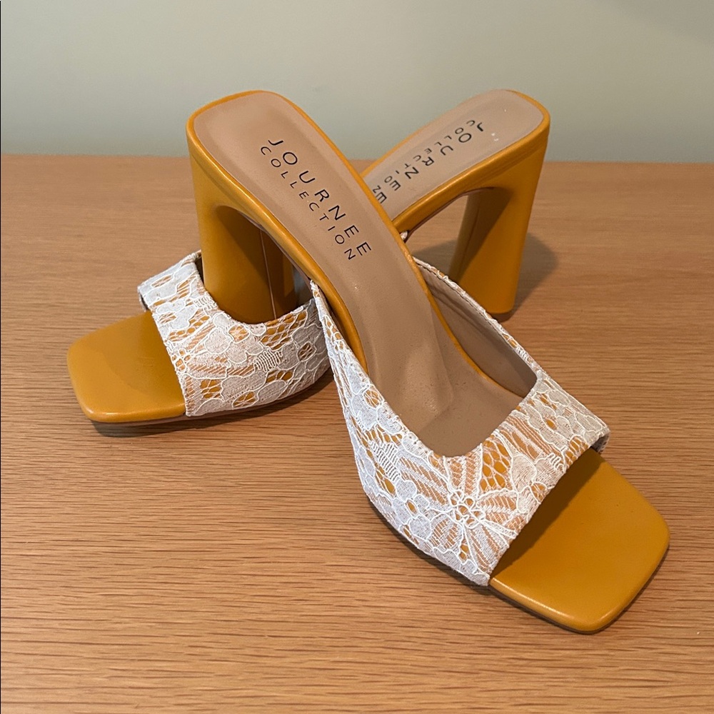 Journee Collection Mustard Block Heel Sandals New